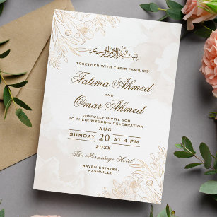 Gold Floral Leaves Border Islamic Muslim Wedding Invitation