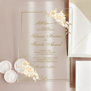 Gold Floral Leaves Branch Muslim Wedding Acrylic Invitations