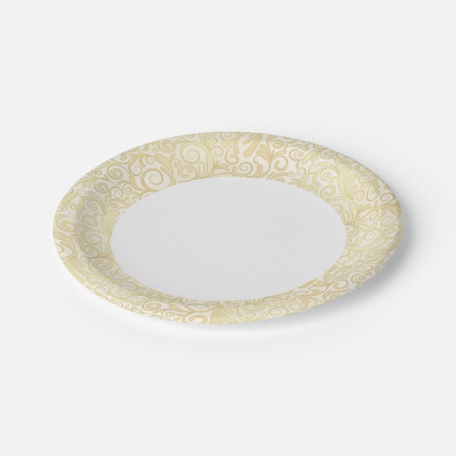 Gold floral leaves pattern paper plates (Angled)