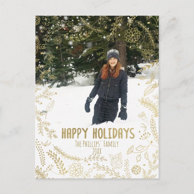 Gold Floral Leaves Rustic Christmas Holiday Photo (Front)