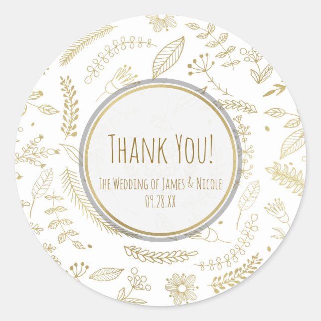 Gold Floral Leaves Rustic Elegant Wedding Favor Classic Round Sticker (Front)