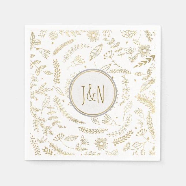 Gold Floral Leaves Rustic Wedding Reception Paper Napkins (Front)