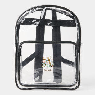 Gold Floral Letter A Clear Stadium Backpack