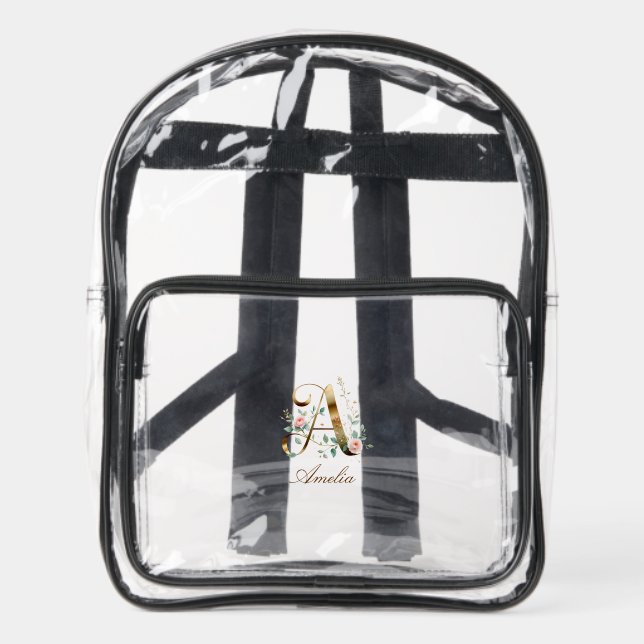 Gold Floral Letter A Clear Stadium Backpack (Front)