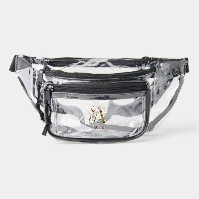 Gold Floral Letter A Clear Stadium Fanny Pack (Front)