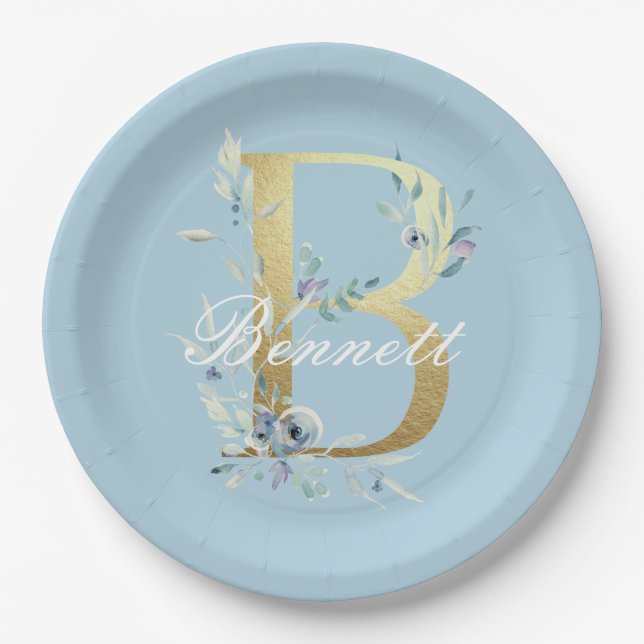 Gold Floral Letter "B" Customizable Paper Plates (Front)