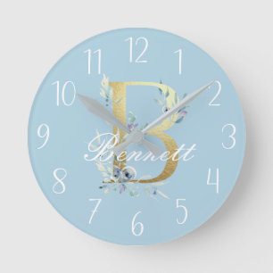 Gold Floral Letter "B" Customizable Round Clock