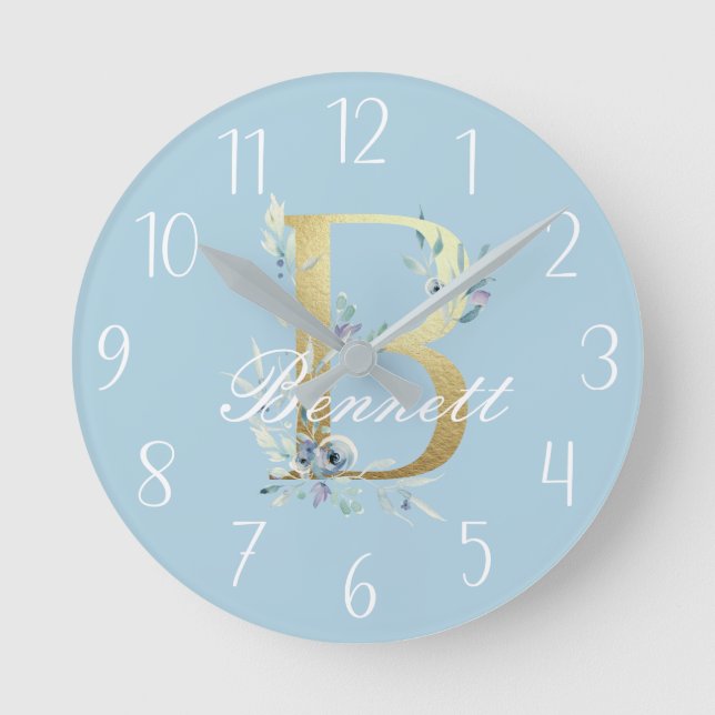 Gold Floral Letter "B" Customizable Round Clock (Front)