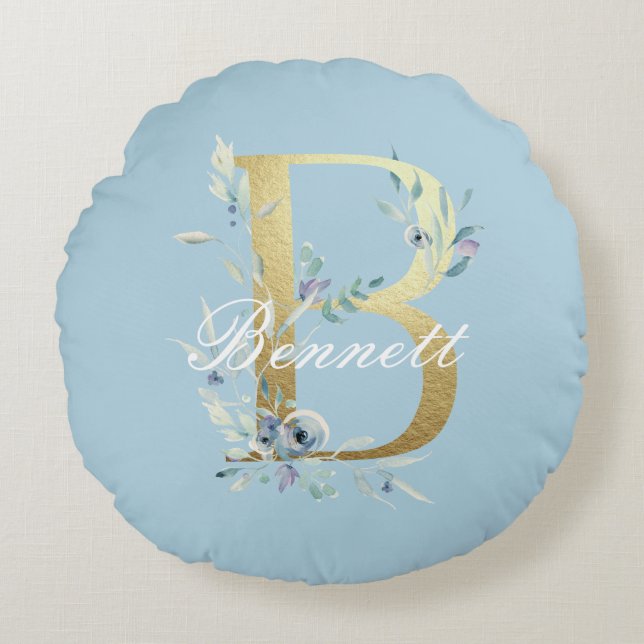 Gold Floral Letter "B" Customizable Round Pillow (Front)