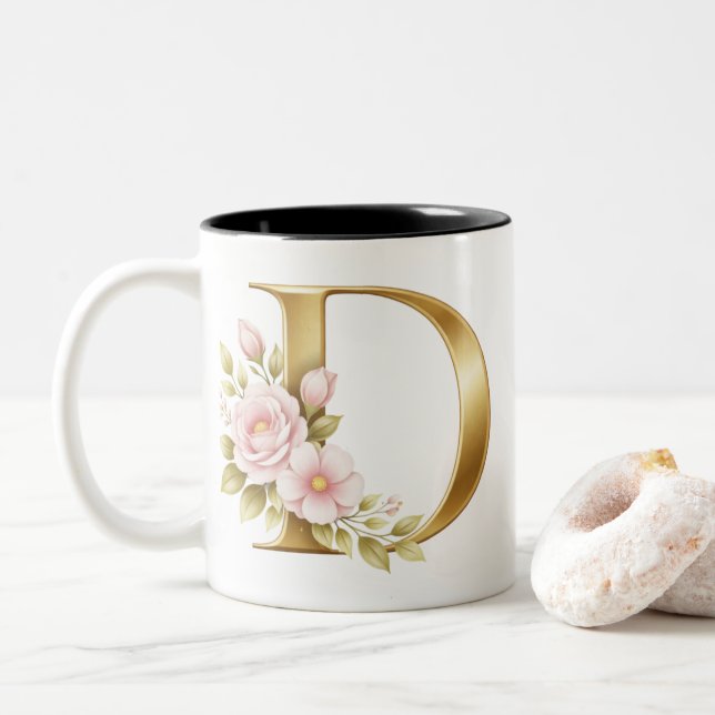 Gold Floral Letter D Logo Two-Tone Coffee Mug (With Donut)