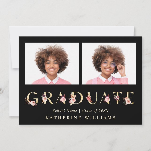 Gold Floral Letter Graduation Party Photo Invitation (Front)