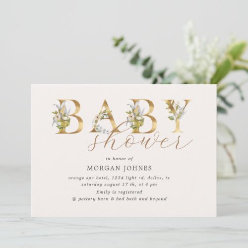 gold floral letters baby shower invitation