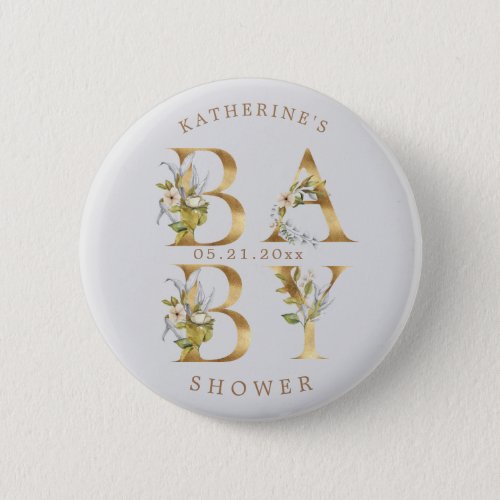 gold floral letters baby shower monogram button