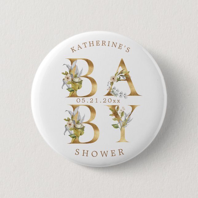 gold floral letters baby shower monogram button (Front)
