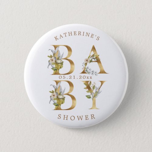 gold floral letters baby shower monogram button