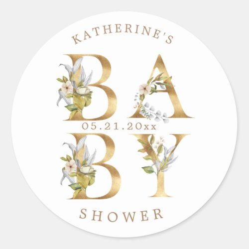 gold floral letters baby shower monogram classic r classic round sticker