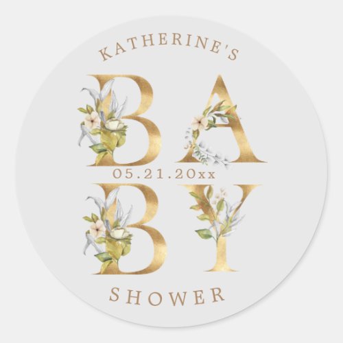 gold floral letters baby shower monogram classic round sticker