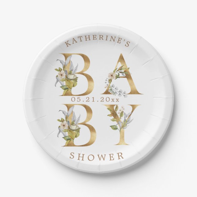 gold floral letters baby shower monogram paper pla plates (Front)
