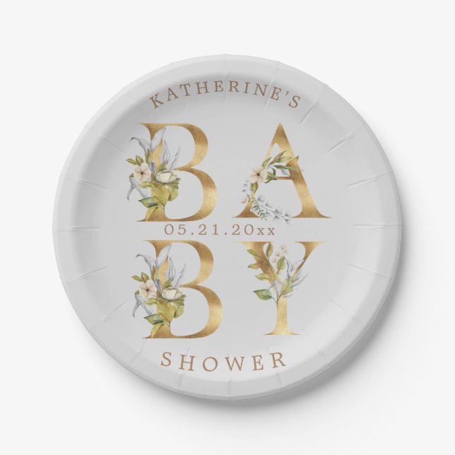gold floral letters baby shower monogram paper plates (Front)