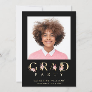 Gold Floral Letters Graduation Party Photo Invitation