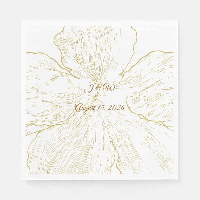 Gold Floral Line Art Botanical Wedding Luncheon Napkins (Front)