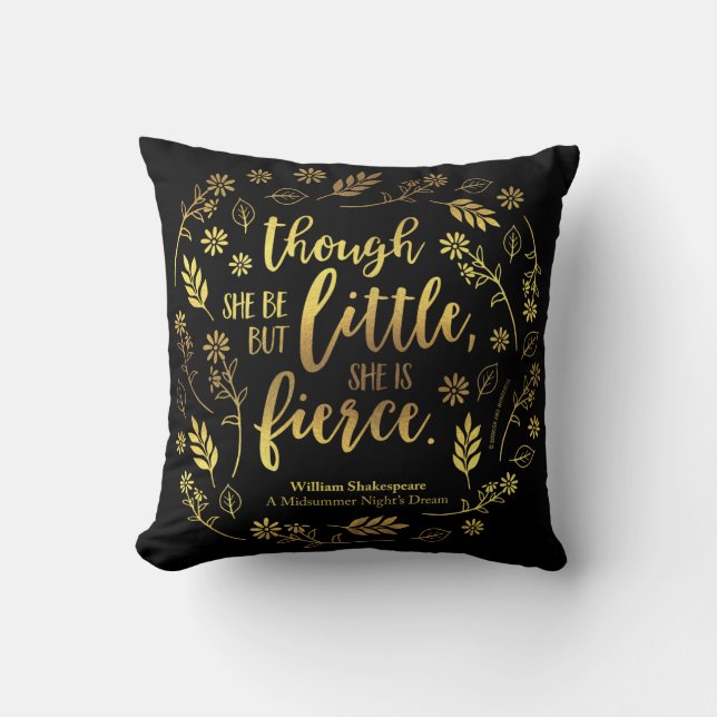 Gold Floral Little But Fierce William Shakespeare Throw Pillow (Front)