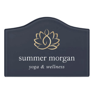 Gold Floral Lotus Logo   Yoga Massage Spa Door Sign