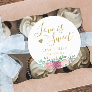 Gold Floral Love is Sweet Wedding Favor Classic Round Sticker