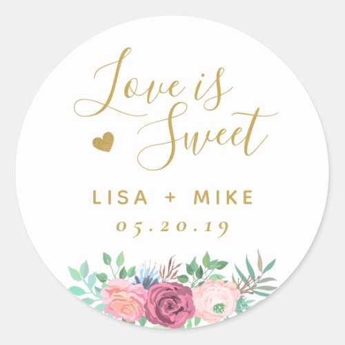 Gold Floral Love is Sweet Wedding Favor Classic Round Sticker