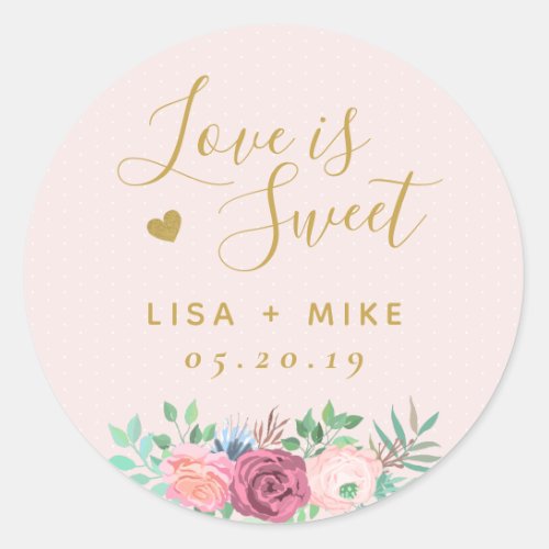 Gold Floral Love is Sweet Wedding Favor Pink Classic Round Sticker