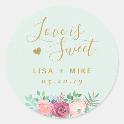Gold Floral Love is Sweet Wedding Favor Sage Green Classic Round Sticker