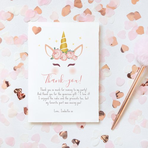 Gold Floral Magical Unicorn Girl Birthday Party Thank You Card