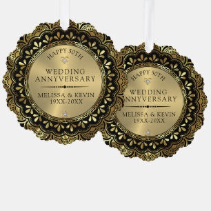 Gold floral mandala 50the wedding on black ornament card