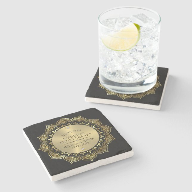 Gold floral mandala 50the wedding on black stone coaster (Side)