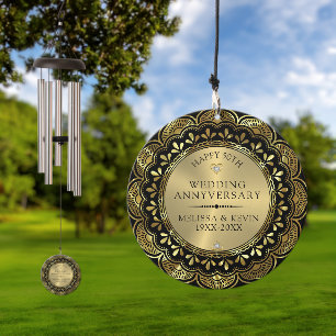 Gold floral mandala 50the wedding on black wind chime