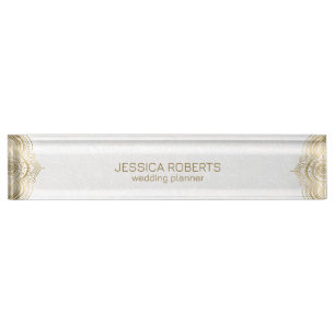 Gold floral mandala frame with a white background desk name plate