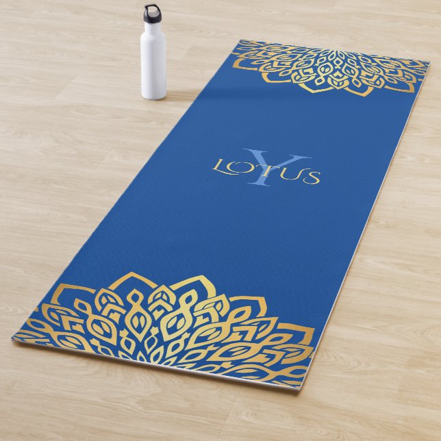 Gold Floral Mandala Navy Blue Monogram Yoga Mat (In Situ)