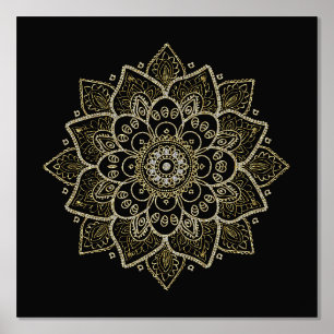 Gold Floral Mandala On Black Foil Prints