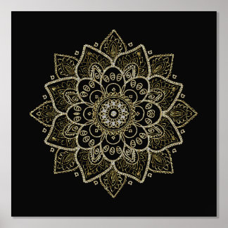 Gold Floral Mandala On Black Foil Prints