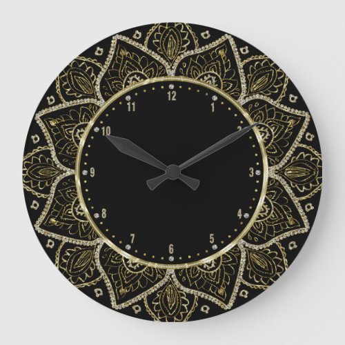 Gold Floral Mandala On Black Large Clock