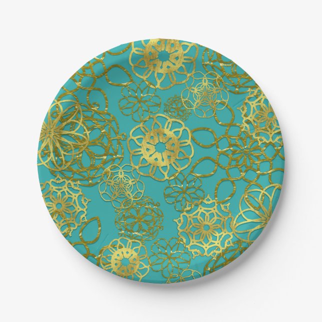 Gold Floral Mandalas Wedding Bridal Shower Party Paper Plates (Front)