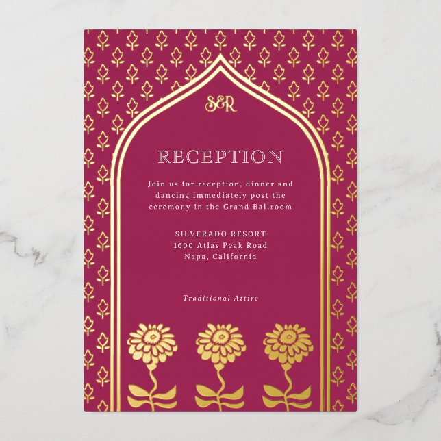 Gold Floral Marigold Indian Wedding Reception Foil Invitation (Front)
