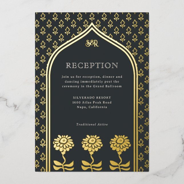 Gold Floral Marigold Indian Wedding Reception Foil Invitation (Front)