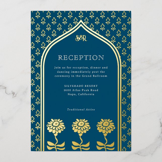 Gold Floral Marigold Indian Wedding Reception Foil Invitation (Front)