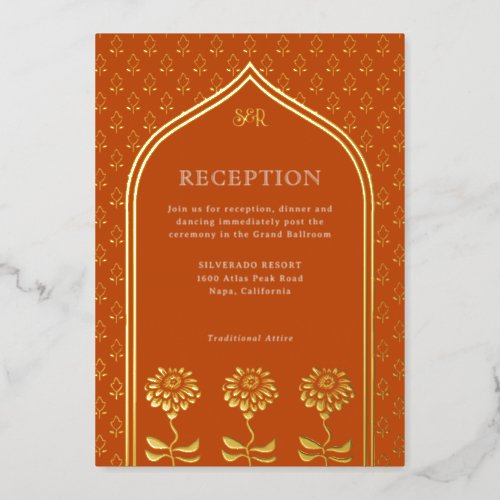 Gold Floral Marigold Indian Wedding Reception Foil Invitation
