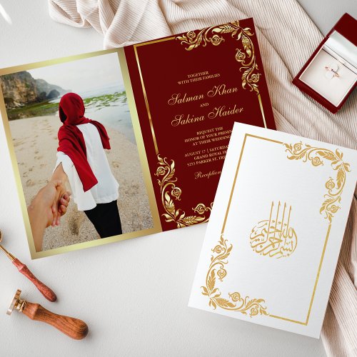 Gold Floral Maroon Photo Muslim Wedding Foil Card