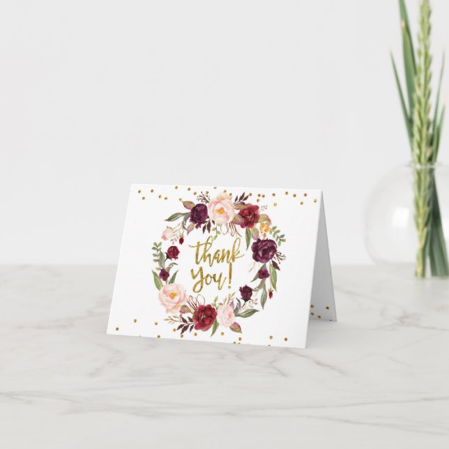Gold Floral Marsala Fall in Love Thank You Card (Front)