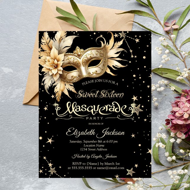 Gold Floral Masque Stars Sweet 16 Invitation (Creator Uploaded)
