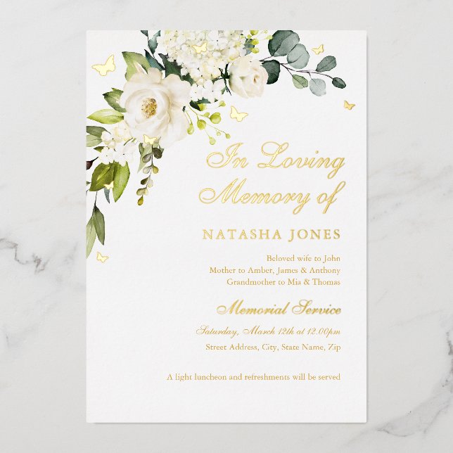 Gold Floral Memorial Service Foil Invitation (Front)