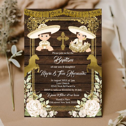 Gold Floral Mexican Baptism Fiesta Twin  Invitatio Invitation